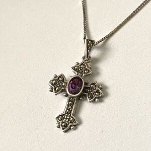 Sterling Silver Amethyst Marcasite Cross Pendant Necklace